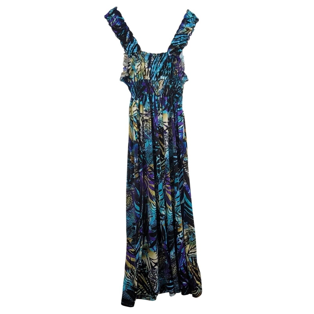 Womens Maxi Dress 1X Blue Purple Abstract Tropical Smocked V-Neck Boho Vacation - Picture 5 of 11
